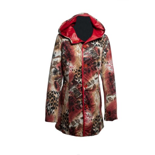 Chaqueta de cuero reversible estampada de mujer, roja con gorro.