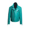 Chaqueta de cuero color turquesa con cierre lateral, bolsillos y cuello, para hombre