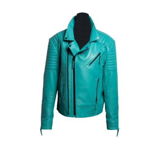 Chaqueta de cuero color turquesa con cierre lateral, bolsillos y cuello, para hombre