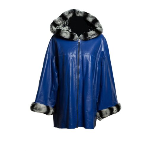 Abrigo de cuero azul con interior de piel de chinchilla y gorro. Para mujer