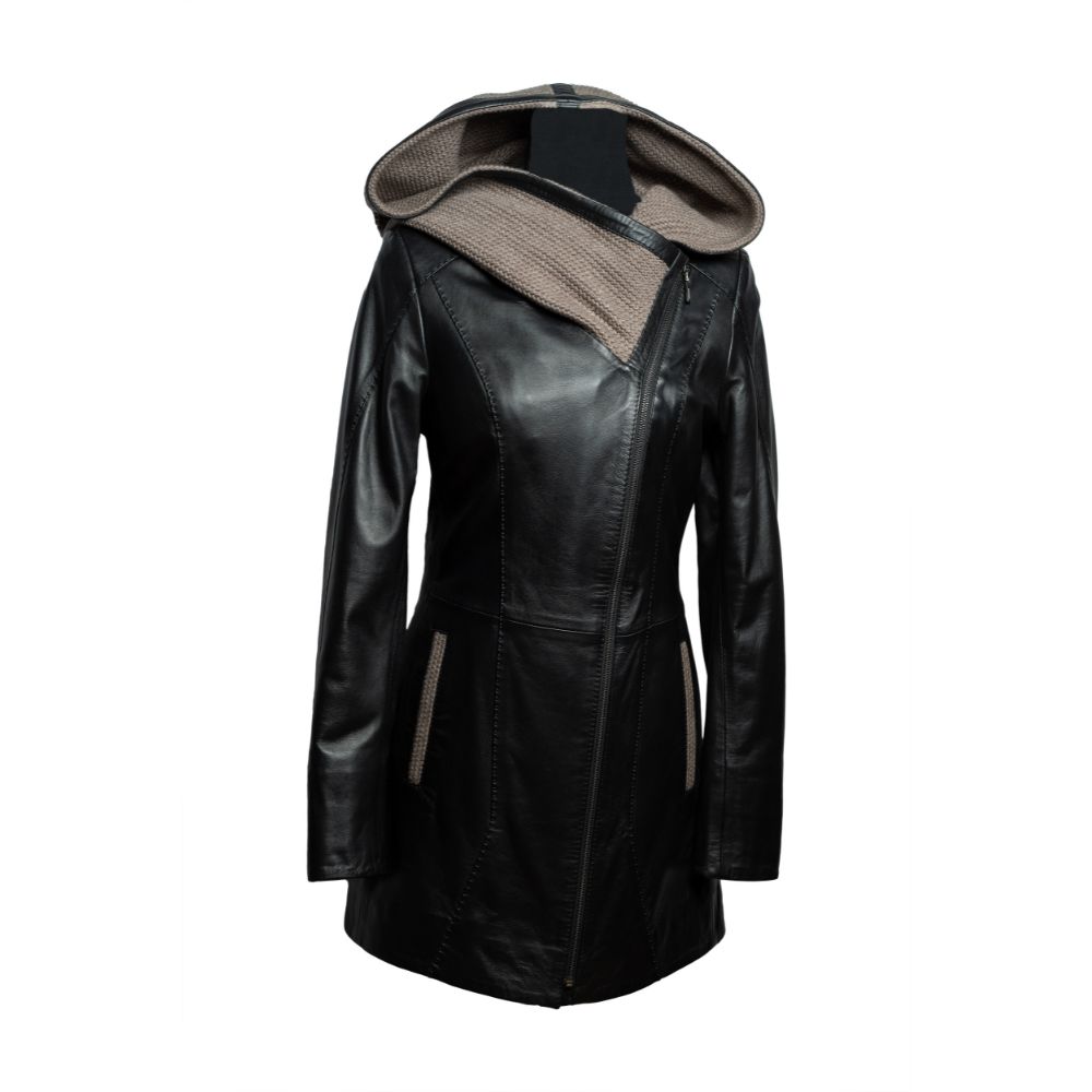 Chaqueta de Cuero 3/4 Gorro Tejido Chaqueta de cuero 3/4 color negro, con gorro tejido. Para mujer