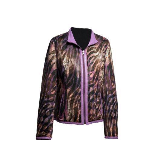 Chaqueta de cuero reversible estampada con detalles color lila, para mujer