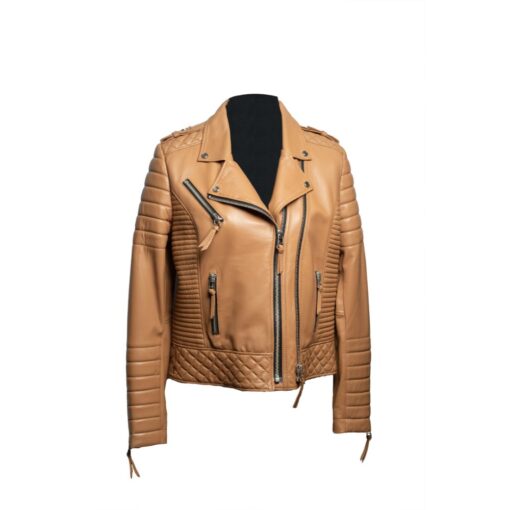 Chaqueta de cuero para mujer color café claro, con cierre.