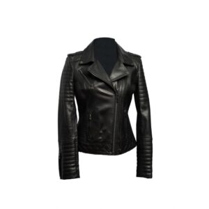 Chaqueta de cuero negro brillante, para mujer, con cierre.