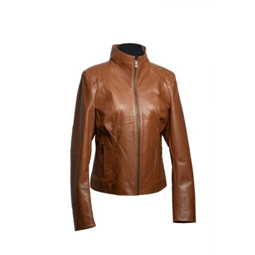 Chaqueta de cuero color café claro, para mujer, con cierre.