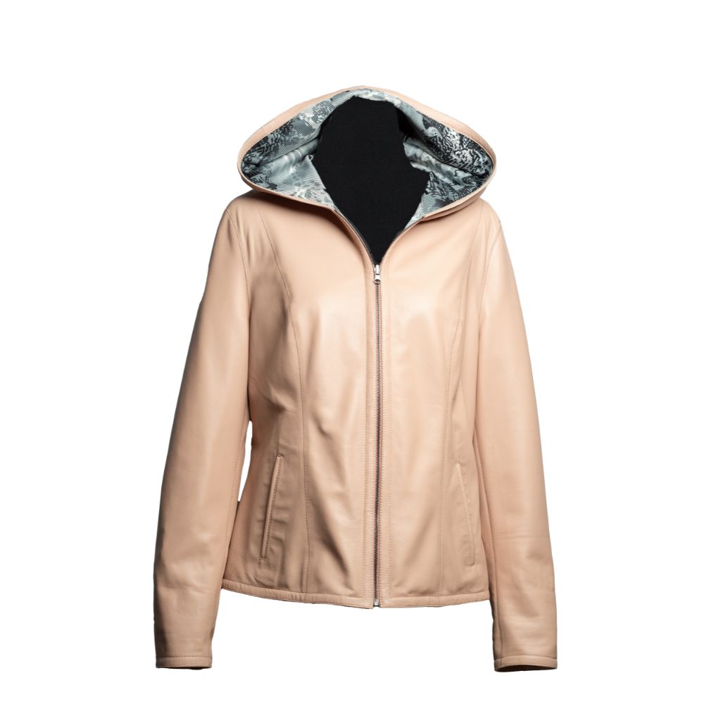 Chaqueta de Cuero Con Gorro Reversible Radi Chaqueta de cuero con gorro, color beige, para mujer