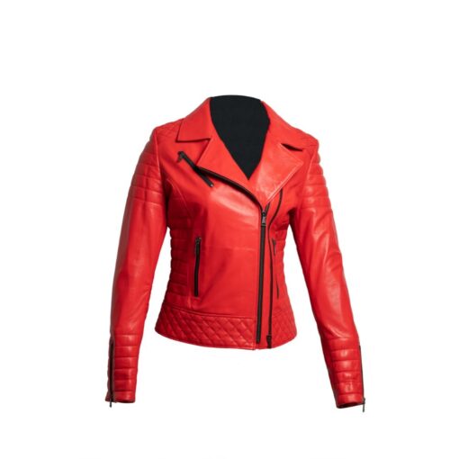 Chaqueta de cuero roja con cierre, para mujer