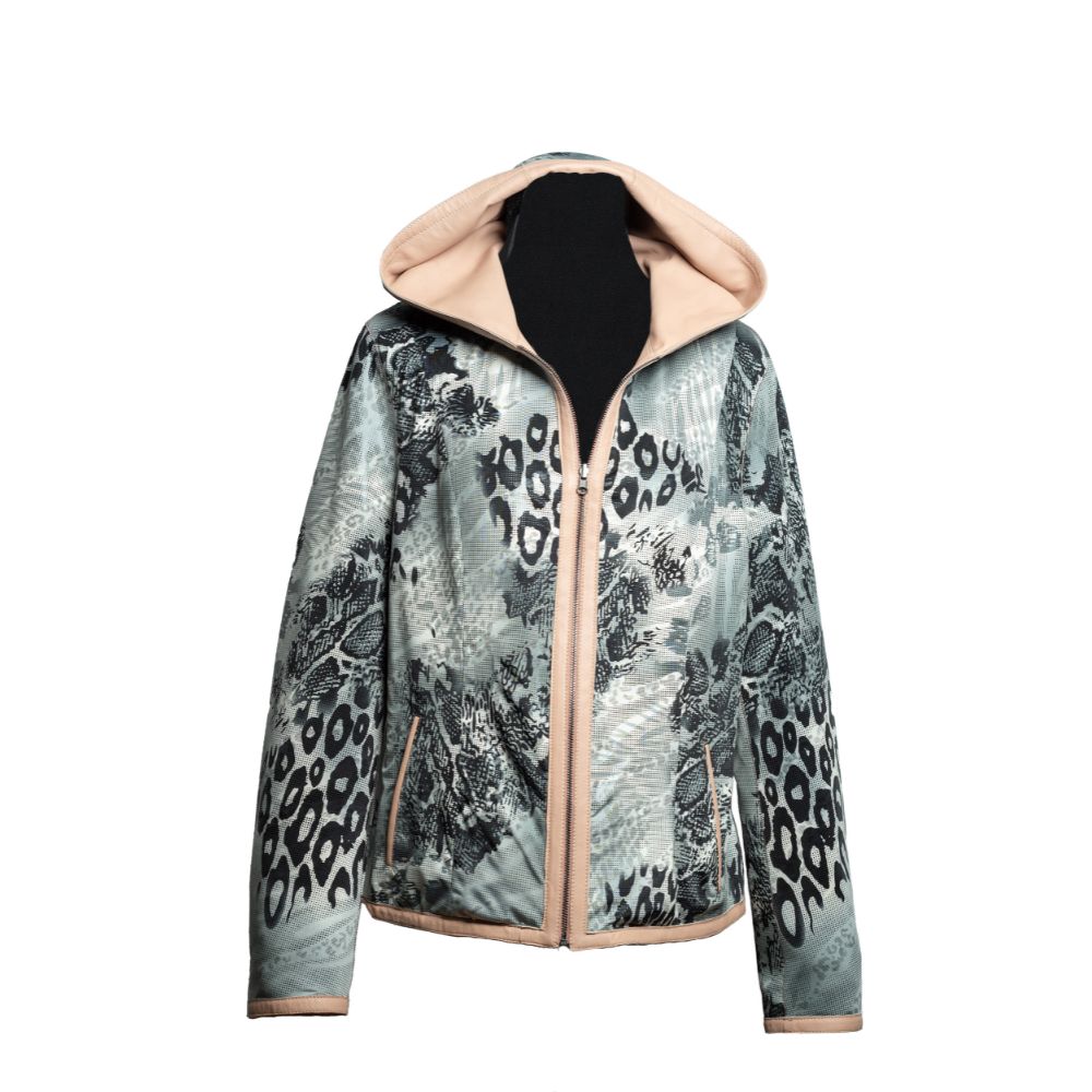 Chaqueta de Cuero Con Gorro Reversible Radi Chaqueta de cuero estampada, con gorro, color gris y beige, para mujer