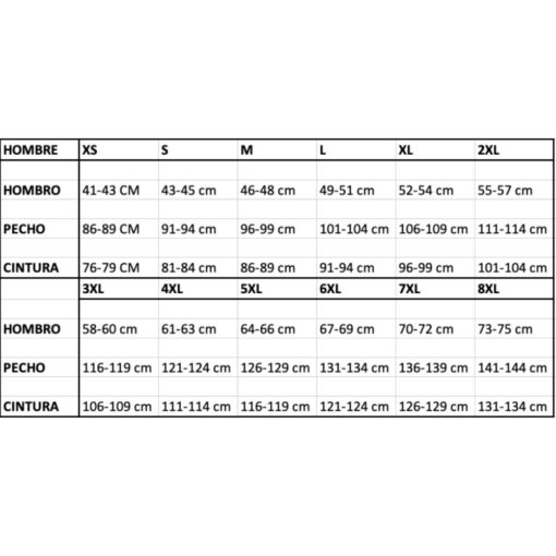 El talle XS de hombre es adecuado para personas que tengan de 41 a 43 centímetros de hombro; de 86 a 89 centímetros de pecho; y de 76 a 79 centímetros de cintura. El talle S de hombre es adecuado para personas que tengan de 43 a 45 centímetros de hombro; de 91 a 94 centímetros de pecho; y de 81 a 84 centímetros de cintura. El talle M de hombre es adecuado para personas que tengan de 46 a 48 centímetros de hombro; de 96 a 99 centímetros de pecho; y de 86 a 89 centímetros de cintura. El talle L de hombre es adecuado para personas que tengan de 49 a 51 centímetros de hombro; de 101 a 104 centímetros de pecho; y de 91 a 94 centímetros de cintura. El talle XL de hombre es adecuado para personas que tengan de 52 a 54 centímetros de hombro; de 106 a 109 centímetros de pecho; y de 96 a 99 centímetros de cintura. El talle 2XL de hombre es adecuado para personas que tengan de 55 a 57 centímetros de hombro; de 111 a 114 centímetros de pecho; y de 101 a 104 centímetros de cintura. El talle 3XL de hombre es adecuado para personas que tengan de 58 a 60 centímetros de hombro; de 116 a 119 centímetros de pecho; y de 106 a 109 centímetros de cintura. El talle 4XL de hombre es adecuado para personas que tengan de 61 a 63 centímetros de hombro; de 121 a 124 centímetros de pecho; y de 111 a 114 centímetros de cintura. El talle 5XL de hombre es adecuado para personas que tengan de 64 a 66 centímetros de hombro; de 126 a 129 centímetros de pecho; y de 116 a 119 centímetros de cintura. El talle 6XL de hombre es adecuado para personas que tengan de 67 a 69 centímetros de hombro; de 131 a 134 centímetros de pecho; y de 121 a 124 centímetros de cintura. El talle 7XL de hombre es adecuado para personas que tengan de 70 a 72 centímetros de hombro; de 136 a 139 centímetros de pecho; y de 126 a 129 centímetros de cintura. El talle 8XL de hombre es adecuado para personas que tengan de 73 a 75 centímetros de hombro; de 141 a 144 centímetros de pecho; y de 131 a 134 centímetros de cintura.