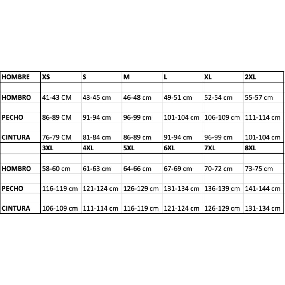 talla web hombre final El talle XS de hombre es adecuado para personas que tengan de 41 a 43 centímetros de hombro; de 86 a 89 centímetros de pecho; y de 76 a 79 centímetros de cintura. El talle S de hombre es adecuado para personas que tengan de 43 a 45 centímetros de hombro; de 91 a 94 centímetros de pecho; y de 81 a 84 centímetros de cintura. El talle M de hombre es adecuado para personas que tengan de 46 a 48 centímetros de hombro; de 96 a 99 centímetros de pecho; y de 86 a 89 centímetros de cintura. El talle L de hombre es adecuado para personas que tengan de 49 a 51 centímetros de hombro; de 101 a 104 centímetros de pecho; y de 91 a 94 centímetros de cintura. El talle XL de hombre es adecuado para personas que tengan de 52 a 54 centímetros de hombro; de 106 a 109 centímetros de pecho; y de 96 a 99 centímetros de cintura. El talle 2XL de hombre es adecuado para personas que tengan de 55 a 57 centímetros de hombro; de 111 a 114 centímetros de pecho; y de 101 a 104 centímetros de cintura. El talle 3XL de hombre es adecuado para personas que tengan de 58 a 60 centímetros de hombro; de 116 a 119 centímetros de pecho; y de 106 a 109 centímetros de cintura. El talle 4XL de hombre es adecuado para personas que tengan de 61 a 63 centímetros de hombro; de 121 a 124 centímetros de pecho; y de 111 a 114 centímetros de cintura. El talle 5XL de hombre es adecuado para personas que tengan de 64 a 66 centímetros de hombro; de 126 a 129 centímetros de pecho; y de 116 a 119 centímetros de cintura. El talle 6XL de hombre es adecuado para personas que tengan de 67 a 69 centímetros de hombro; de 131 a 134 centímetros de pecho; y de 121 a 124 centímetros de cintura. El talle 7XL de hombre es adecuado para personas que tengan de 70 a 72 centímetros de hombro; de 136 a 139 centímetros de pecho; y de 126 a 129 centímetros de cintura. El talle 8XL de hombre es adecuado para personas que tengan de 73 a 75 centímetros de hombro; de 141 a 144 centímetros de pecho; y de 131 a 134 centímetros de cintura.