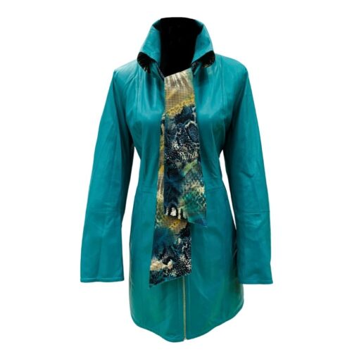 Abrigo de cuero reversible 3/4 color turquesa, con bufanda estampada, para mujer.