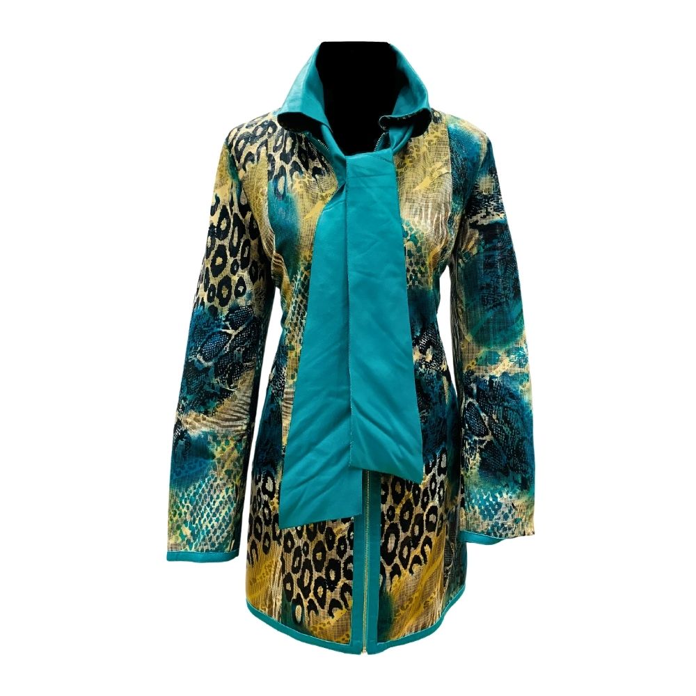 Chaqueta de Cuero 3/4 Lora Amarilla y turquesa Abrigo de cuero reversible 3/4 estampado color turquesa y amarillo, para mujer.