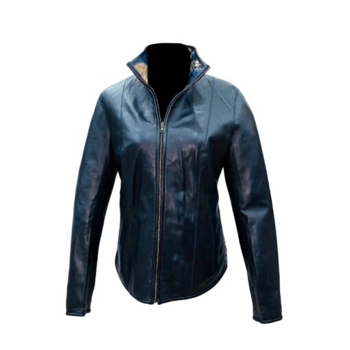 Chaqueta de cuero reversible de mujer, color azul marino, con cierre