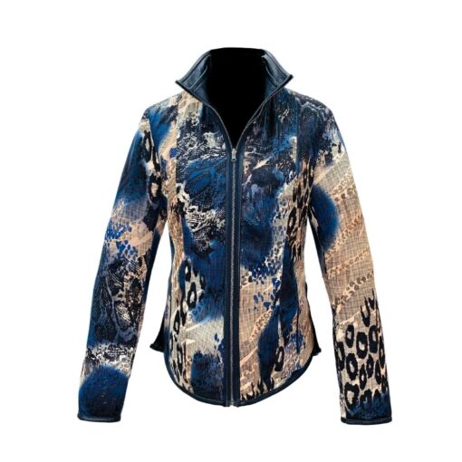 Chaqueta de cuero reversible estampada de mujer, color azul marino, con cierre