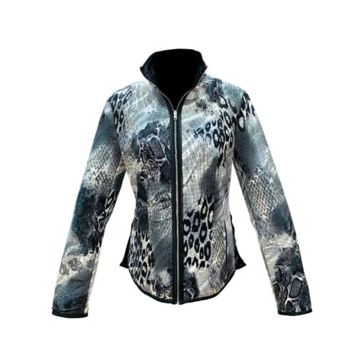 Chaqueta de cuero reversible estampada de mujer, color blanco y negro, con cierre