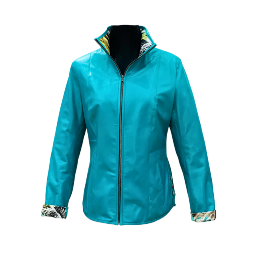 Chaqueta de cuero reversible turquesa de mujer, con cuello y cierre