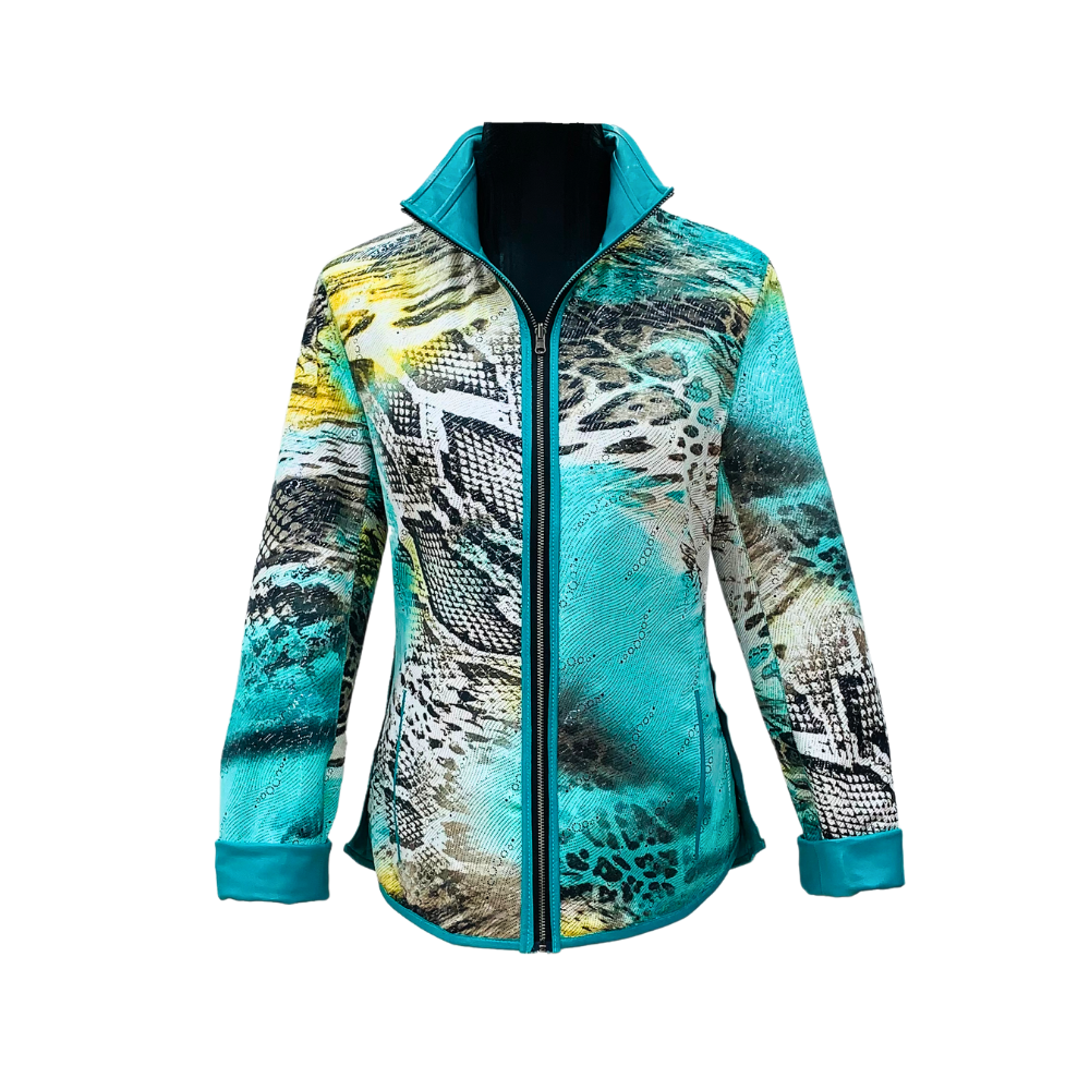 Chaqueta Radi Punto Reversible Turquesa Chaqueta de cuero reversible estampada de mujer, con mangas y cuello turquesa y cierre