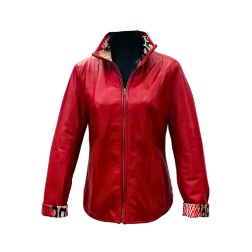 Chaqueta de cuero reversible roja de mujer, con mangas y cuello estampado y cierre