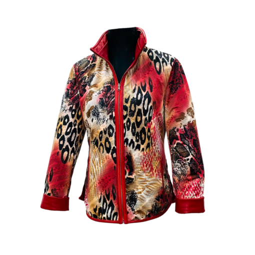 Chaqueta de cuero reversible estampada de mujer, con mangas y cuello rojos y cierre