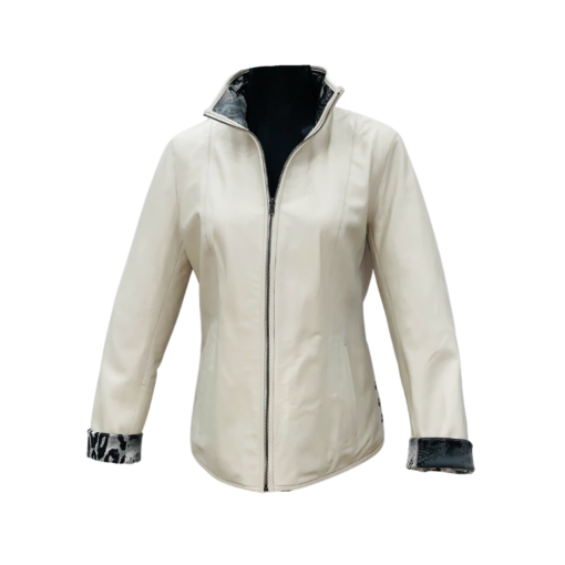 Chaqueta de cuero reversible estampada de mujer, con mangas blancas y cierre