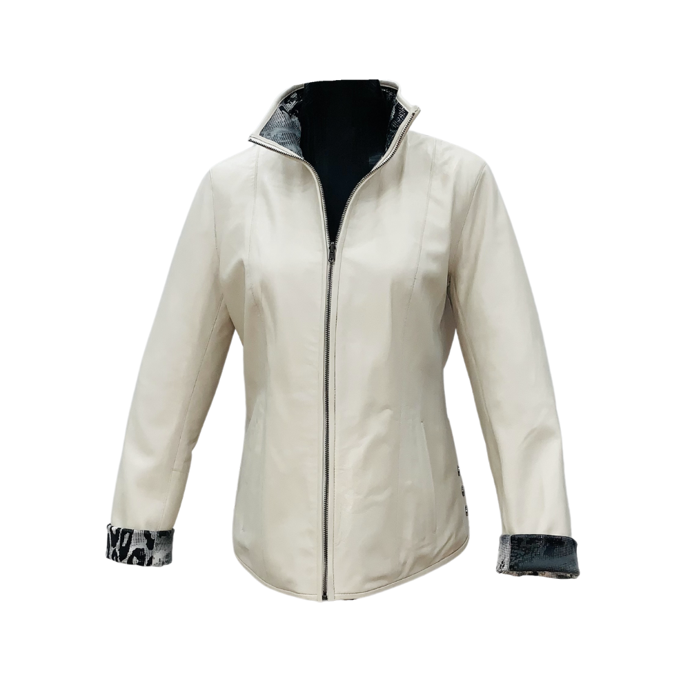 Chaqueta Radi Punto Reversible Blanca. Chaqueta de cuero reversible estampada de mujer, con mangas blancas y cierre