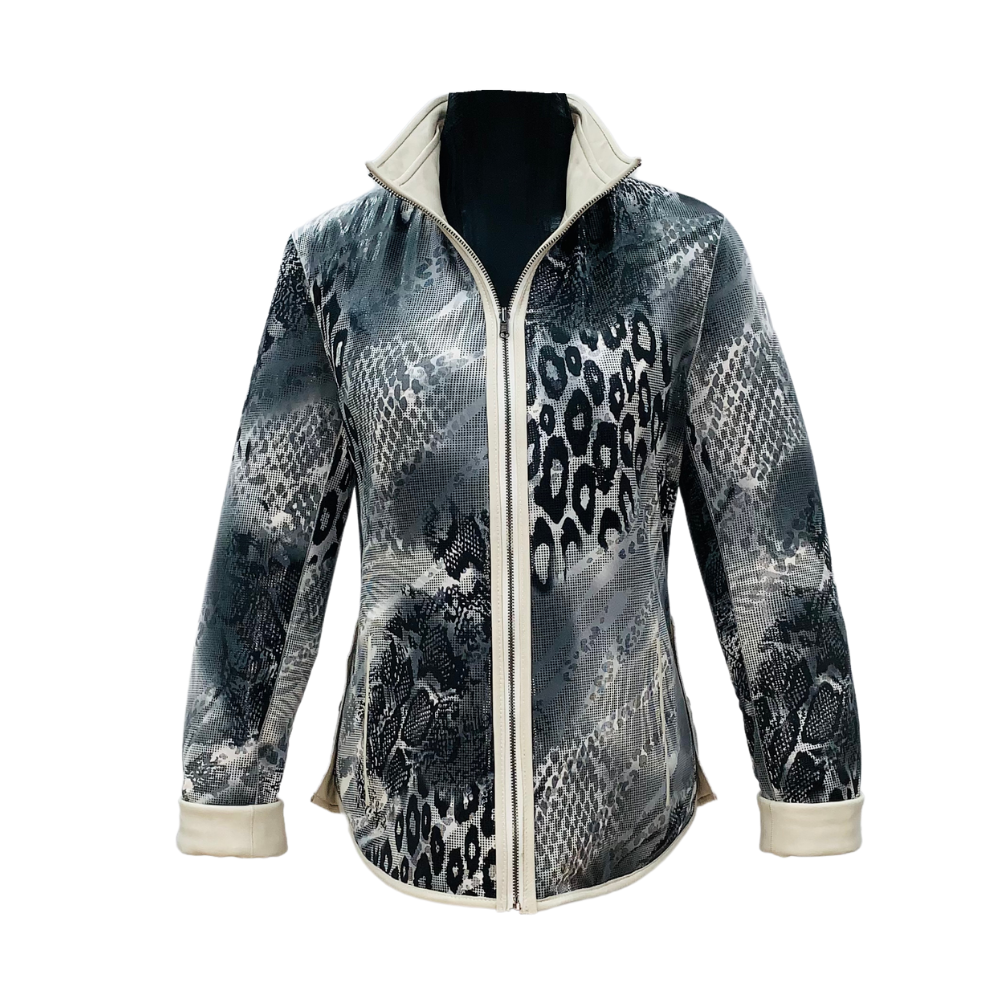 Chaqueta Radi Punto Reversible Gris. Chaqueta de cuero reversible estampada de mujer, con mangas blancas y cierre