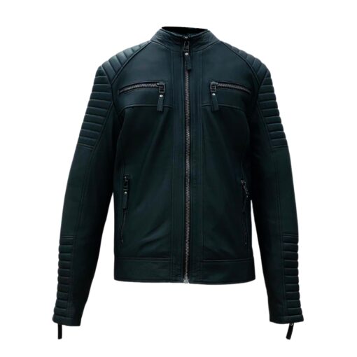 Chaqueta de cuero negra, estilo biker, con cierre, para hombre.