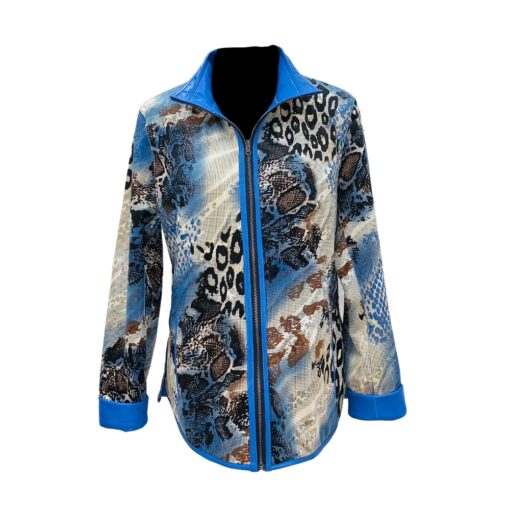 Chaqueta de cuero reversible estampada de mujer, con mangas azules y cierre
