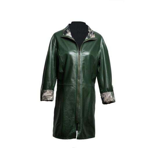 Abrigo de cuero reversible 3/4 verde, para mujer, con cierre.
