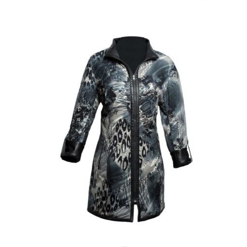 Abrigo de cuero reversible 3/4 estampado gris, con interior negro y cierre.