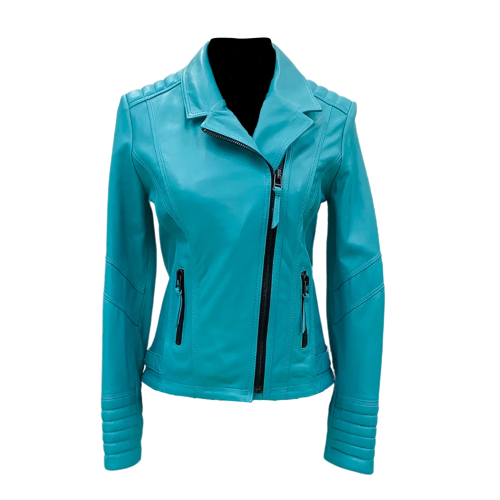 Chaqueta de cuero Biker de mujer, de color turquesa y con cierre