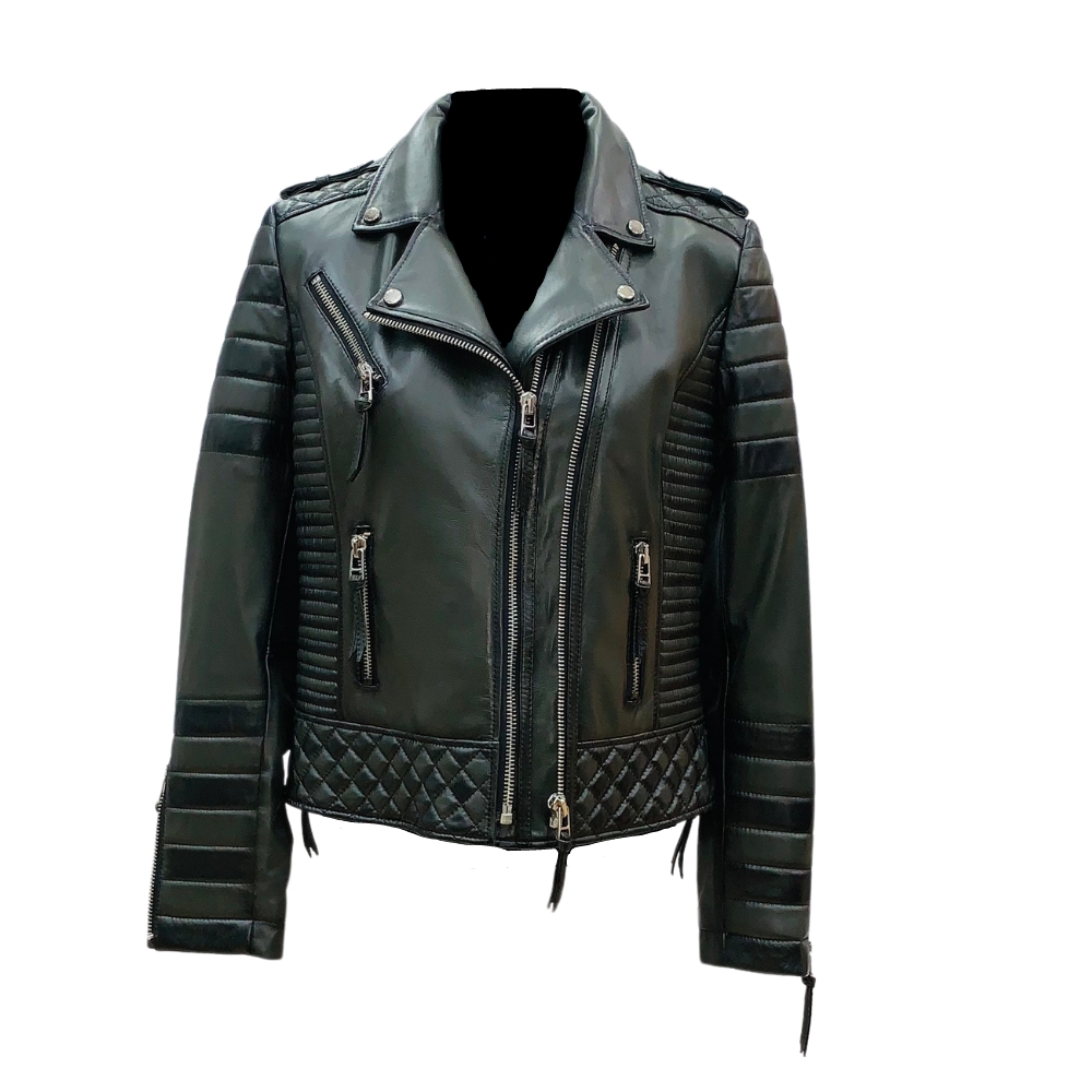 Biker de cuero verde militar para mujer, con cierre.