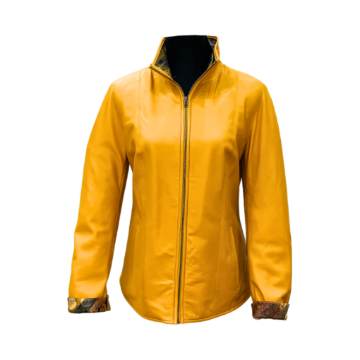 Chaqueta de cuero lisa color amarillo y negro, con cierre.