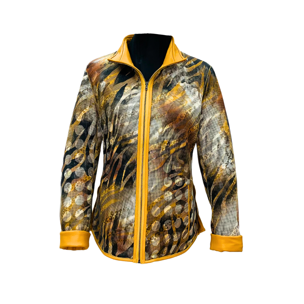 Chaquetas de Cuero Turcas en 2024 Chaqueta de cuero estampada color amarillo y negro, con cierre.