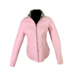 Chaqueta de cuero rosa con cierre e interior estampado