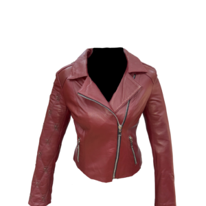 Chaqueta biker burdeo mujer – Cuero de cordero con diseño calavera