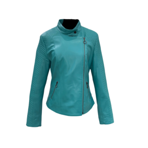 Chaqueta biker turquesa mujer – Cuero de cordero con hombros acolchados
