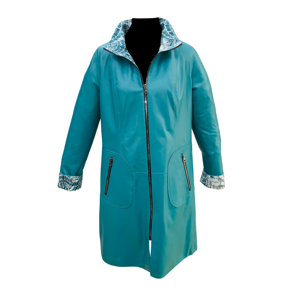 Chaqueta de Cuero Reversible Turquesa Larga