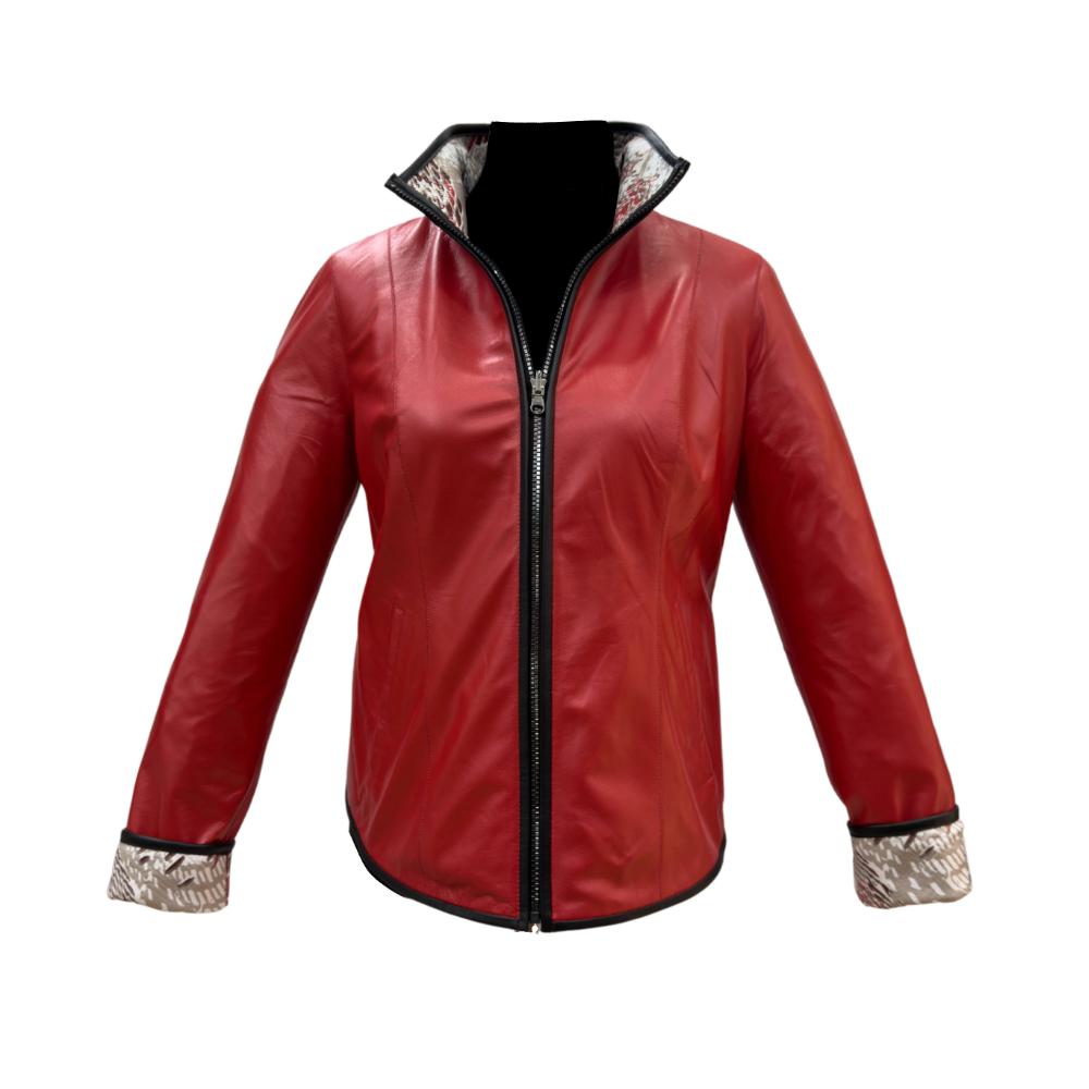 Chaqueta de Cuero de Cordero Reversible en Color Rojo