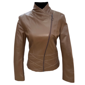 Chaqueta de cuero café mujer – Diseño entallado con cierre lateral