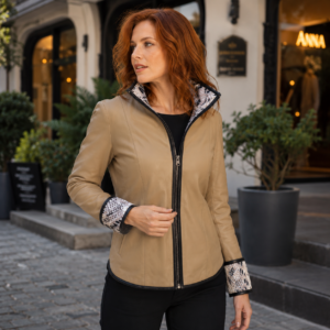 Chaqueta de Cuero Reversible Color Arena | Estilo y Exclusividad