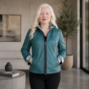 Chaqueta de Cuero Reversible Color Petróleo con Forro Estampado
