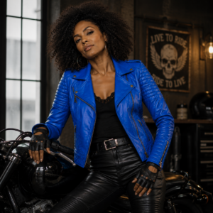 Chaqueta de Cuero Azul Eléctrico Mujer Biker