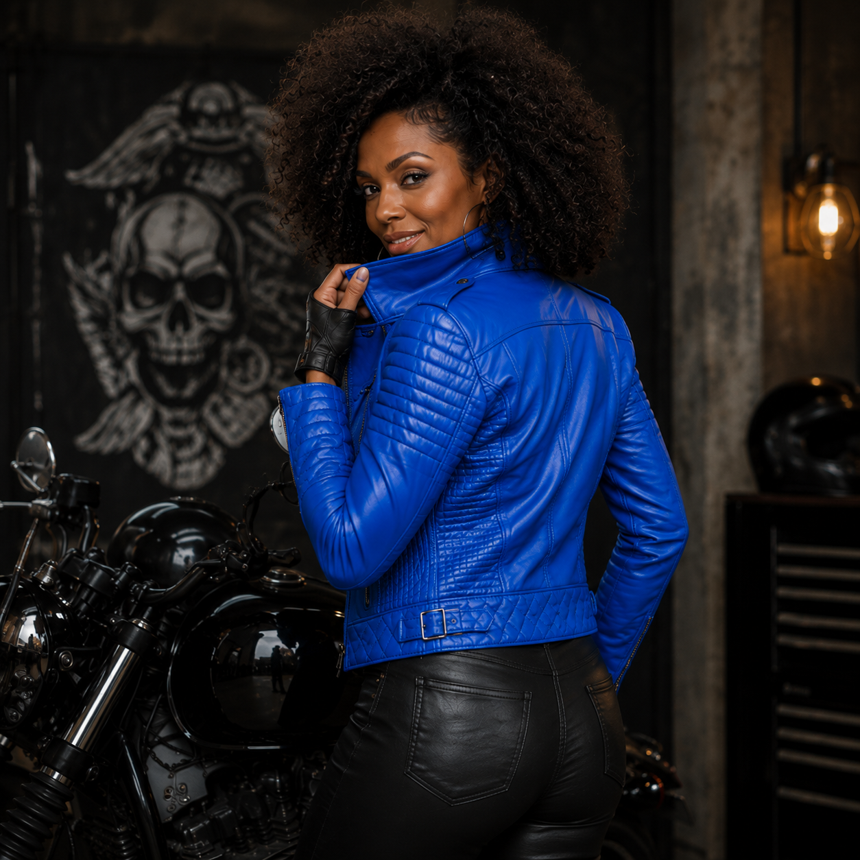 Chaqueta de Cuero Azul Eléctrico Mujer Biker - Imagen 2
