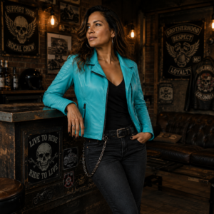 Chaqueta de Cuero Biker mujer Turquesa