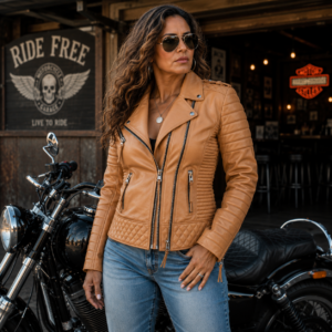 Chaqueta de Cuero Biker Camel