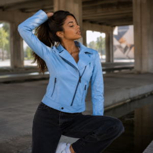 Chaqueta de Cuero Biker Mujer Celeste