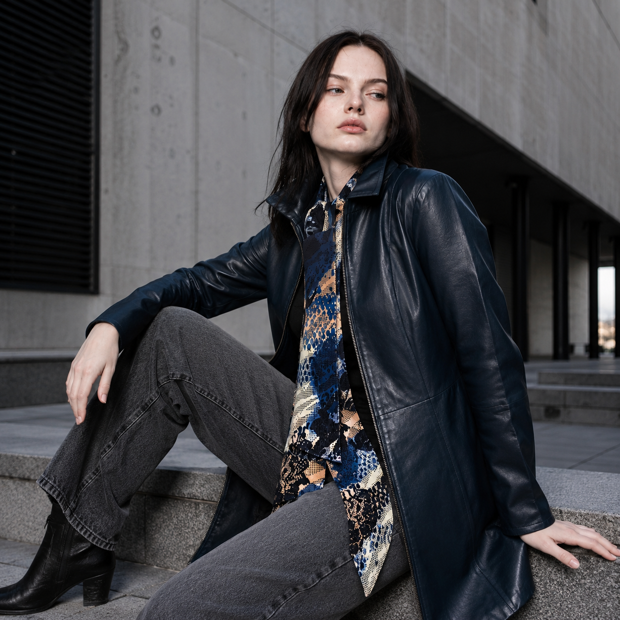 Chaqueta de Cuero Reversible Azul Marino