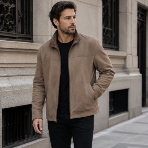 Chaqueta Reversible de Hombre en Gamuza, Cuero Café y Textura Beige