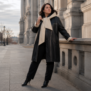 Abrigo de Cuero Mujer Oversize con Gorro y Chal Desmontable Negro/Marfil